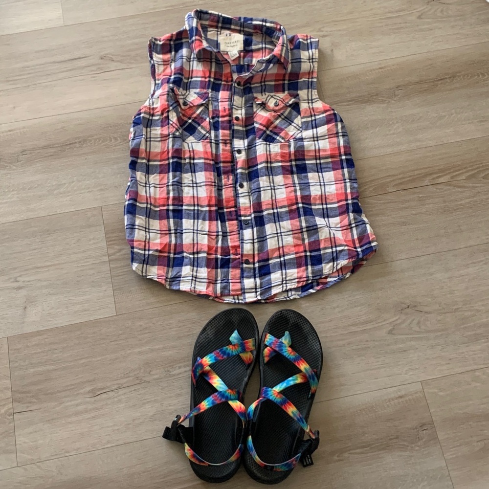 Bundle of Forever 21 Red and Blue Plaid Shirt and Chaco sandals (tie dye color)